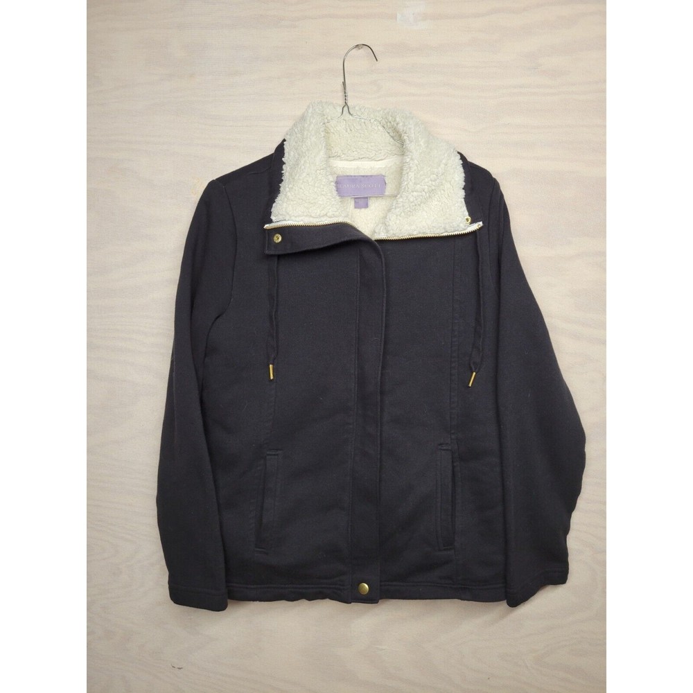 Laura Scott Women's SZ Small Jacket Sherpa Lined Full Zip Black Mock Neck